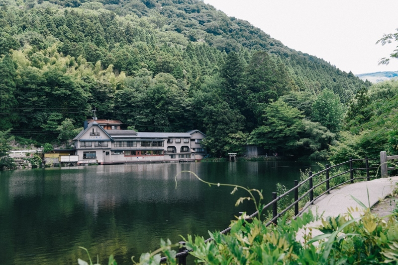 초록빛 나무들이 우거진 호숫가 산책로 난간과 잔잔한 호수 건너편의 목조 건물이 어우러진 여름철 수변 풍경입니다.