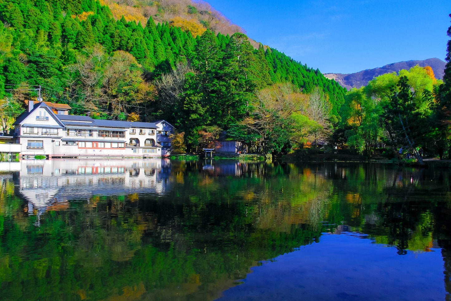푸른 산과 수목을 배경으로 맑은 수면에 건물과 자연경관이 거울처럼 반영된 긴린호수 전경