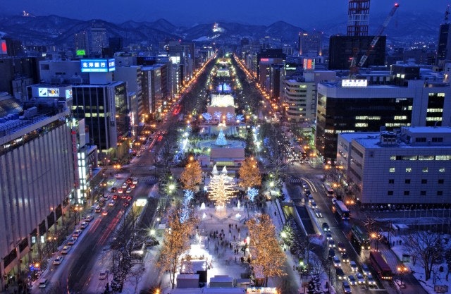 어둠이 내린 도심을 배경으로 길게 뻗은 도로와 화려한 일루미네이션 조명이 빛나는 야경 조망